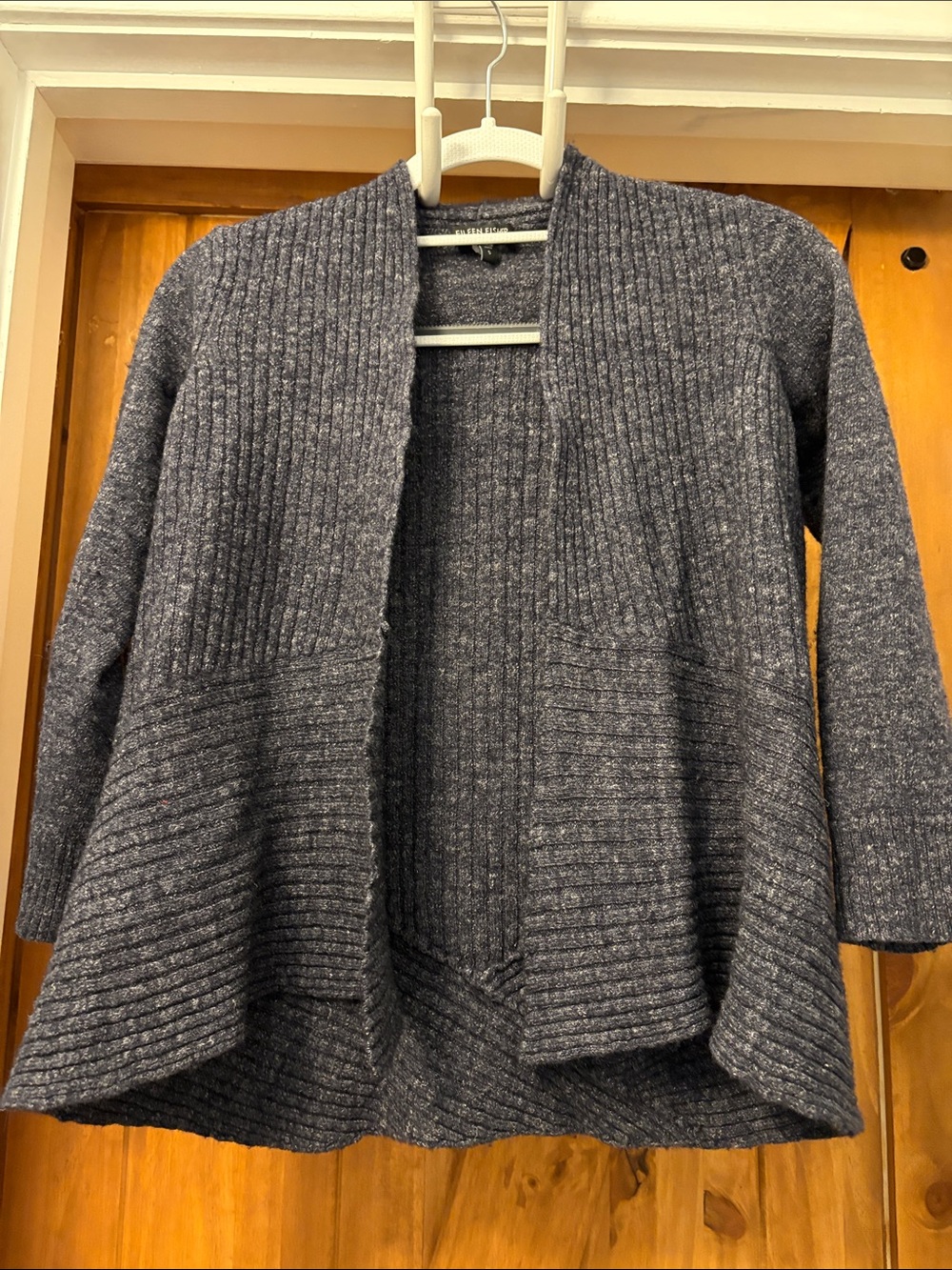 Eileen Fisher Dark Heathered Gray Open Ribbed Cardigan, Small.